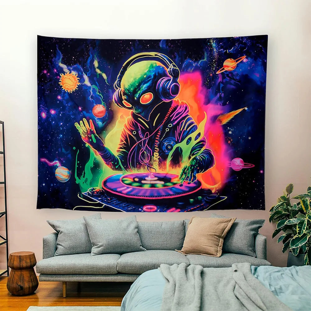A dark tapestry featuring a vibrant, psychedelic alien design with neon purple and pink colors against a starry background.