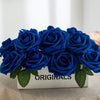 A bouquet of deep blue artificial foam roses displayed in a wooden box.