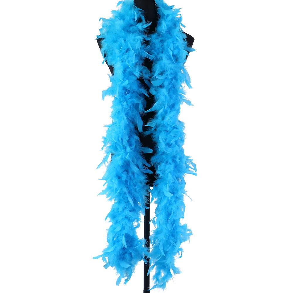 A bright blue natural turkey feather boa displayed on a mannequin.