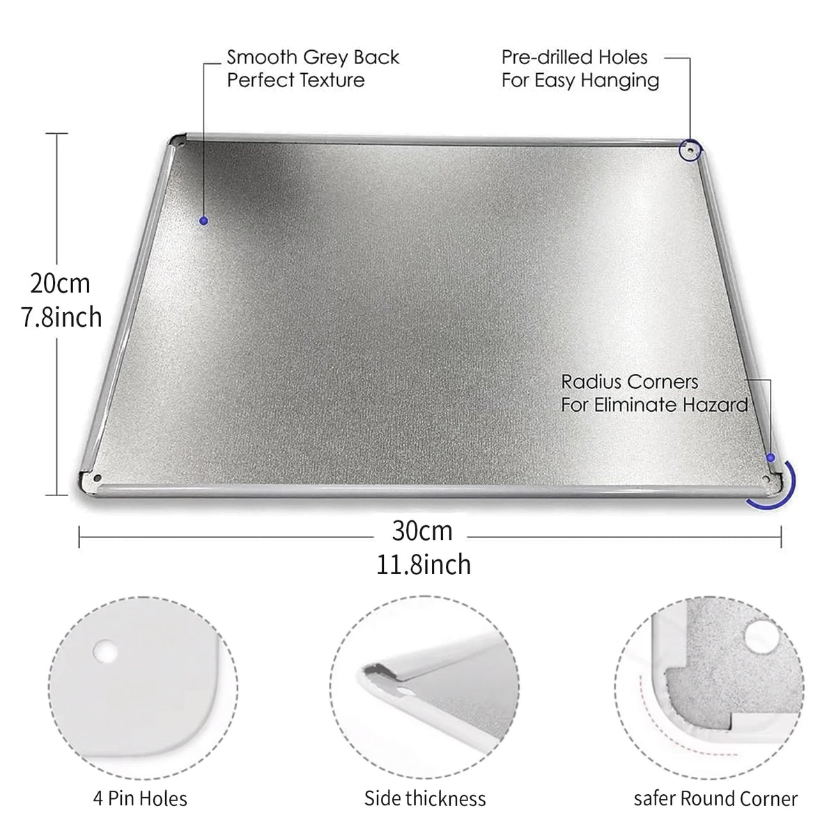 Panneau rectangulaire en métal gris lisse avec trous pré-percés et coins arrondis pour un accrochage facile.