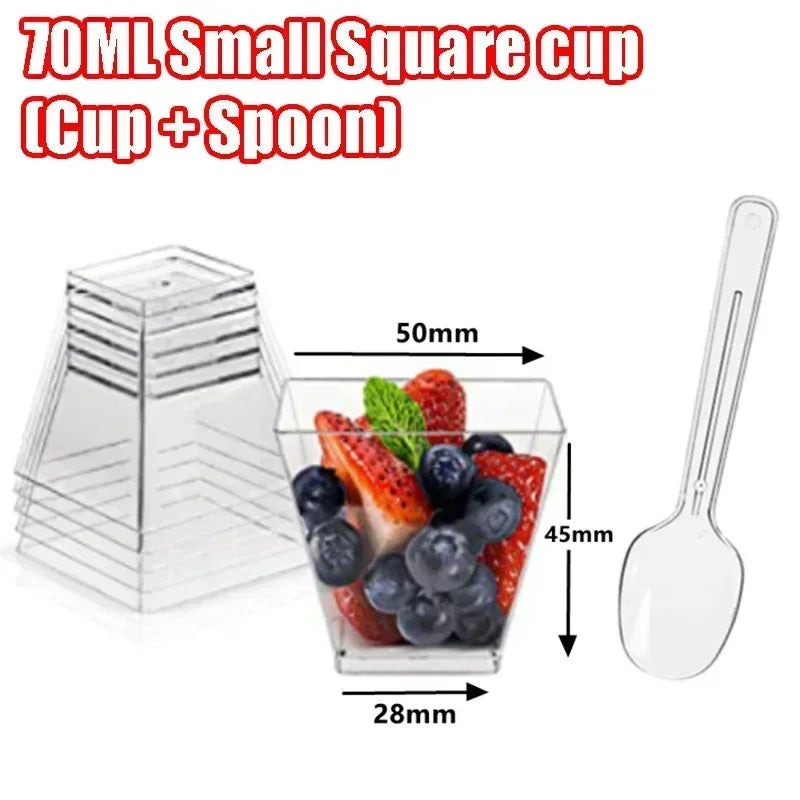 A set of 70ml small square glass cups and spoons for serving desserts or appetizers.