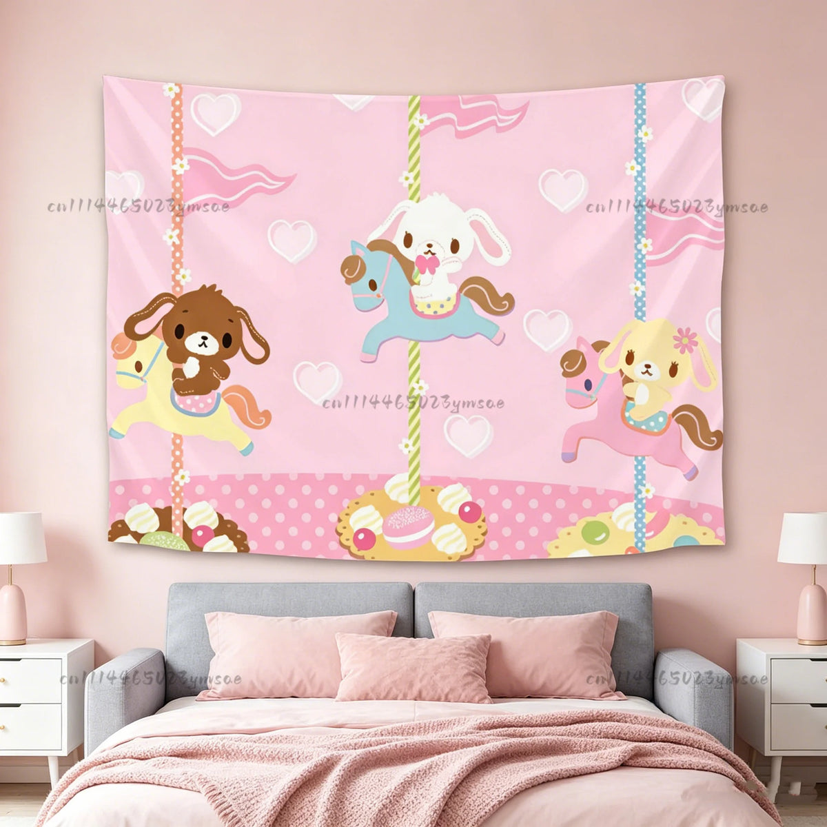 Pink cartoon animal tapestry featuring a unicorn and a horse design for bedroom decor