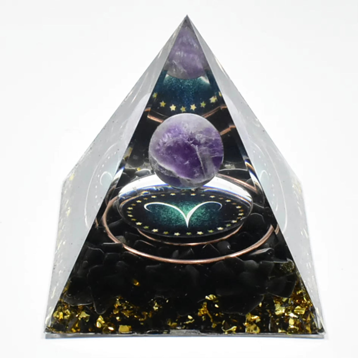 Handmade resin orgonite pyramid featuring a purple stone, natural obsidian, and a copper coil.
