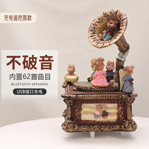 A wooden music box decoration featuring carousel figures and a decorative base.