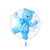 A blue bear shaped balloon with a heart design for a baby shower or birthday party