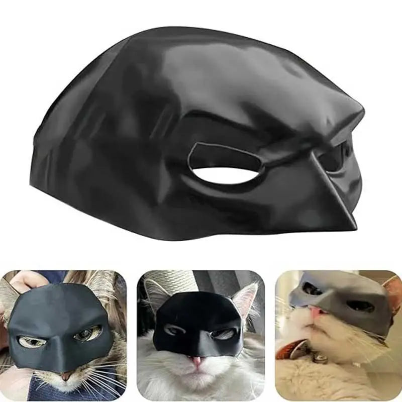Black leather bat cat Halloween mask shown on a cat.