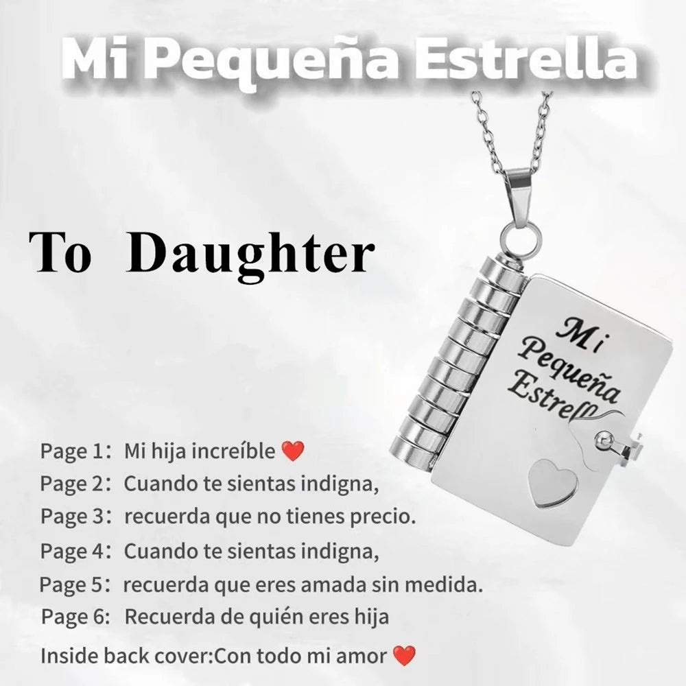 Silver pendant necklace shaped like a playing card with an engraved message for a daughter