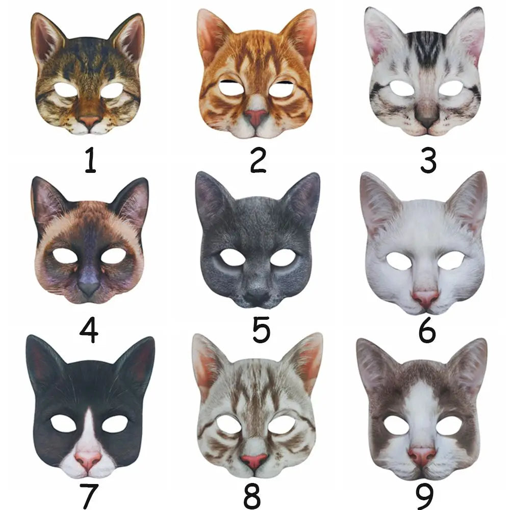 Nueve máscaras de mitad de cara de gato de diferentes colores y patrones para cosplay de fiesta
