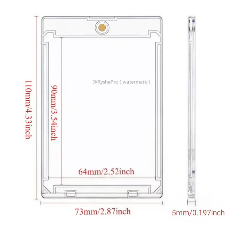 A diagram showing the dimensions of a magnetic clear card holder, including length, width, and thickness.