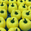 A collection of bright yellow, smooth bell pepper stress relief blocks arranged in a tray.