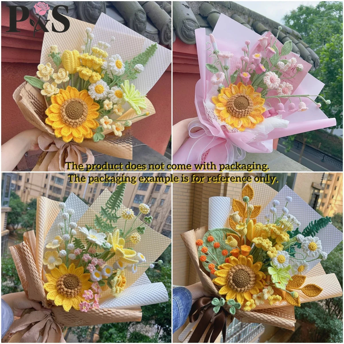 Un ramo de flores de ganchillo hechas a mano con flores amarillas y blancas en varios tonos naturales.