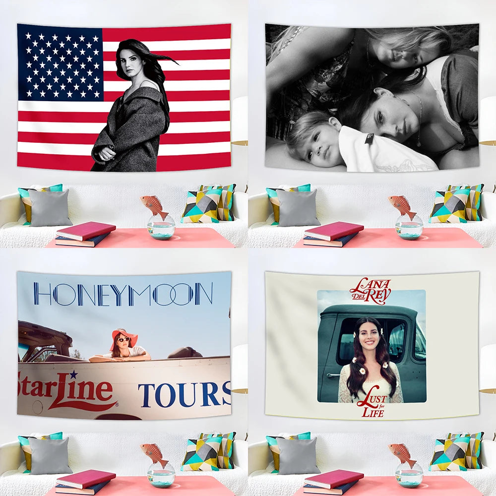 Tapiz decorativo de la cantante Lana flag con la bandera de Estados Unidos, Starline Tours y un retrato de Lana Del Rey.