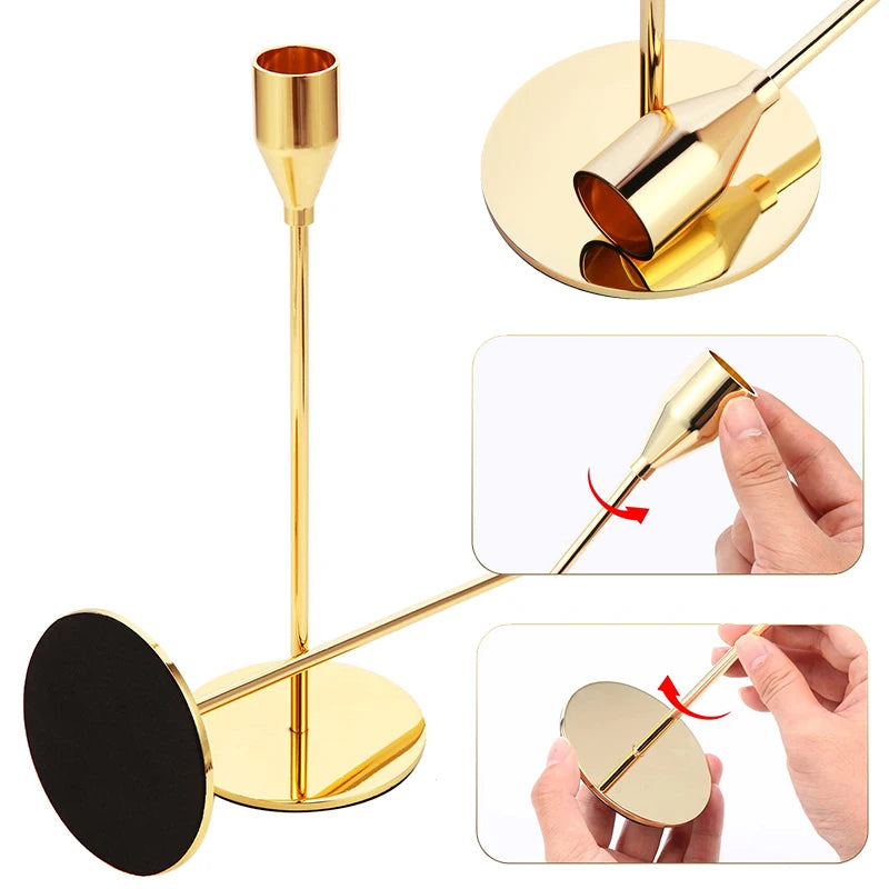 A set of three elegant gold metal candle holders shown in various angles.