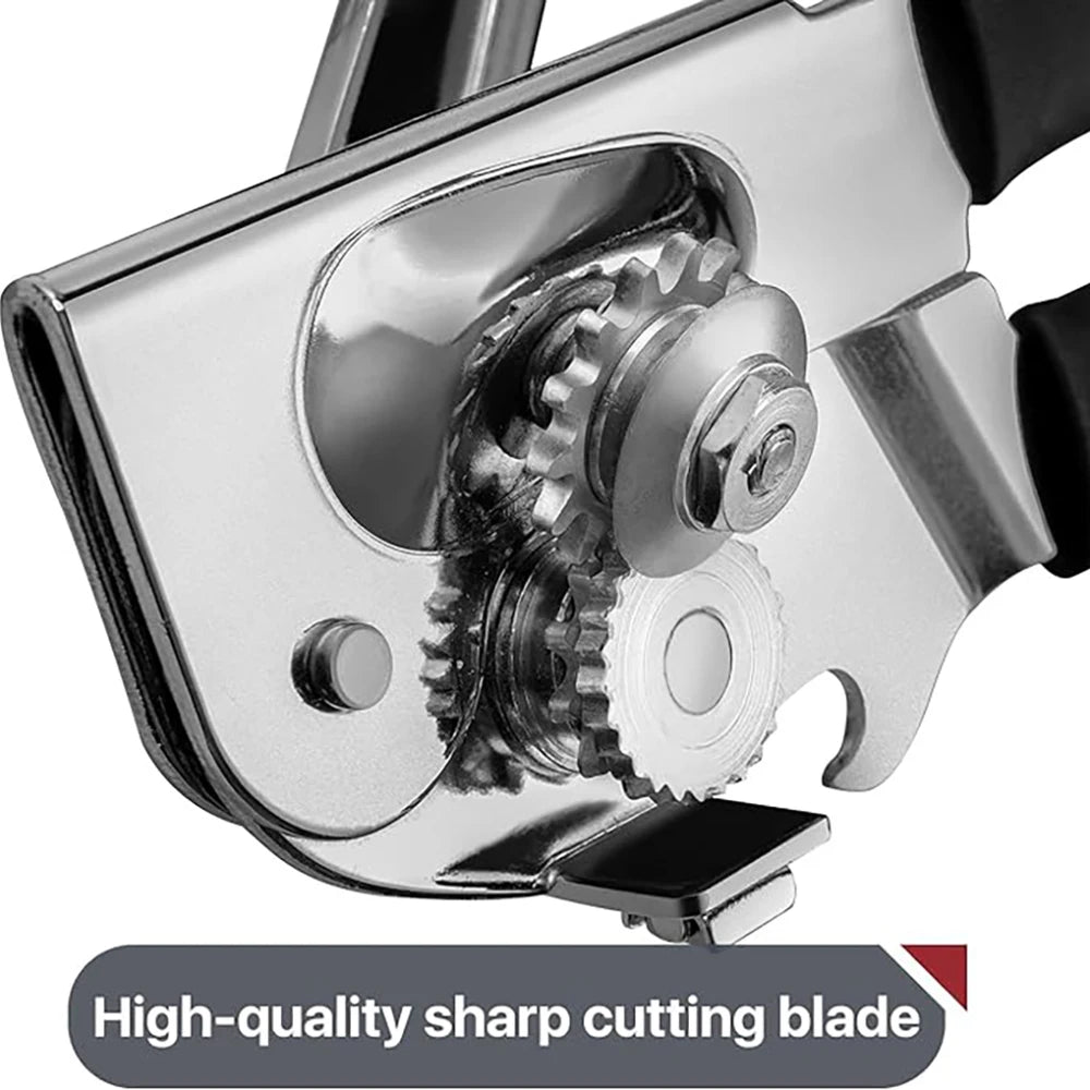 Close-up view of a silver manual can opener showing the sharp cutting blade mechanism.