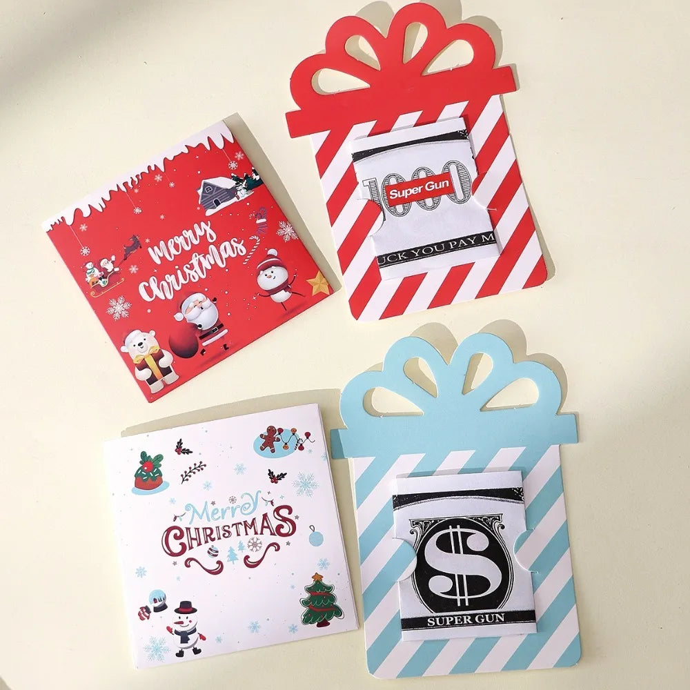 A set of three cartoon Christmas thank you cards featuring festive designs and red and white striped paper.