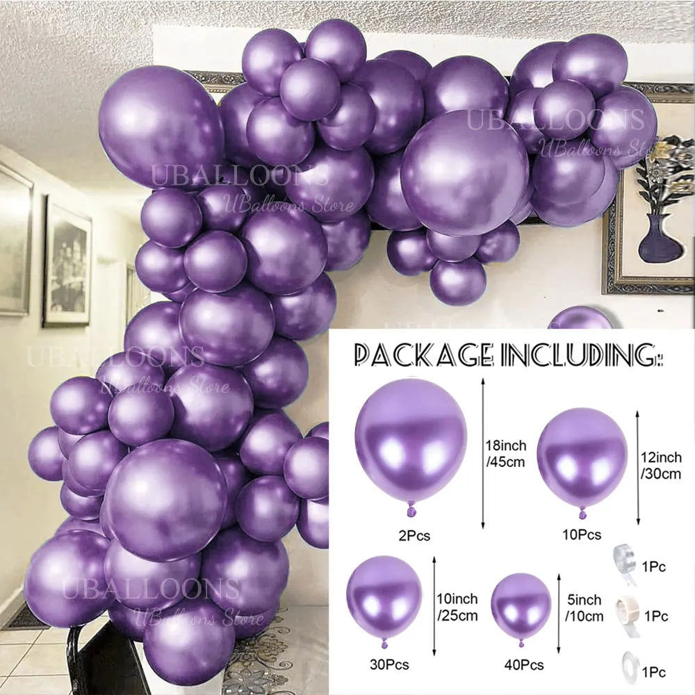 A package of metallic chrome gold balloons including various sizes and quantities for a balloon garland kit