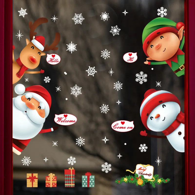 Festive Christmas window stickers featuring a snowman, deer, and Santa Claus in a snowy scene.