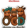 A set of acrylic flatback charms depicting a brown calf with glasses and a blue bow, labeled OCD.
