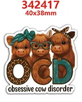 A set of acrylic flatback charms depicting a brown calf with glasses and a blue bow, labeled OCD.