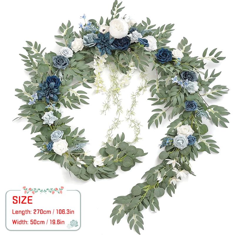 Artificial eucalyptus garland featuring blue and white rose flowers for weddings and events
