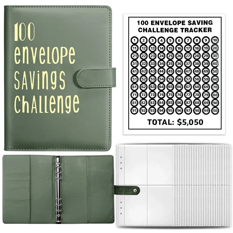 Un rastreador de desafío de ahorro con sobre de cuero verde y cuadrícula numerada, junto a una carpeta que coincide.