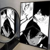 A set of three framed anime prints featuring intense male characters in black and white.