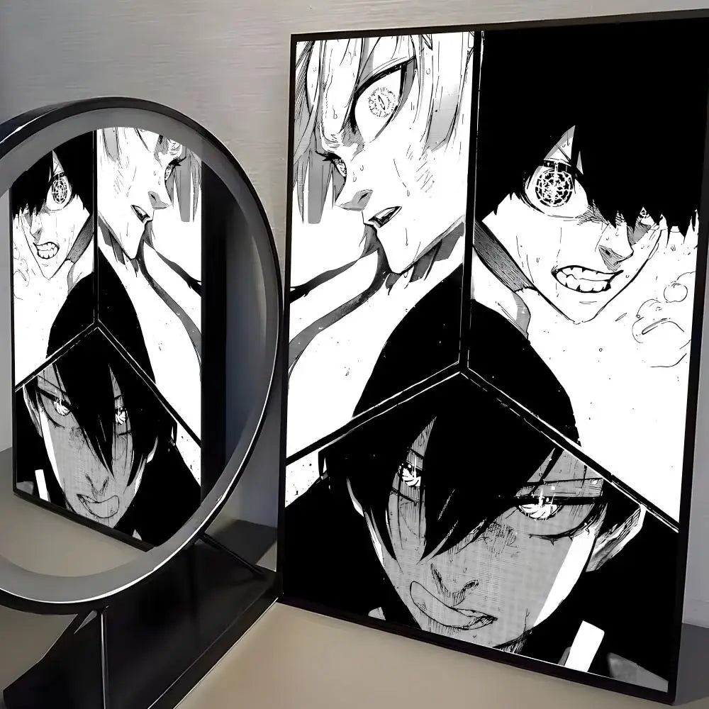 A set of three framed anime prints featuring intense male characters in black and white.