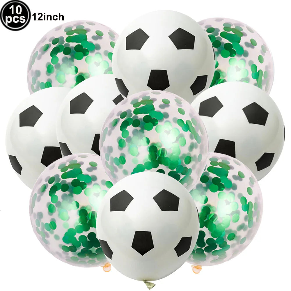 A pack of 10 black and white soccer ball balloons with green confetti decorations.