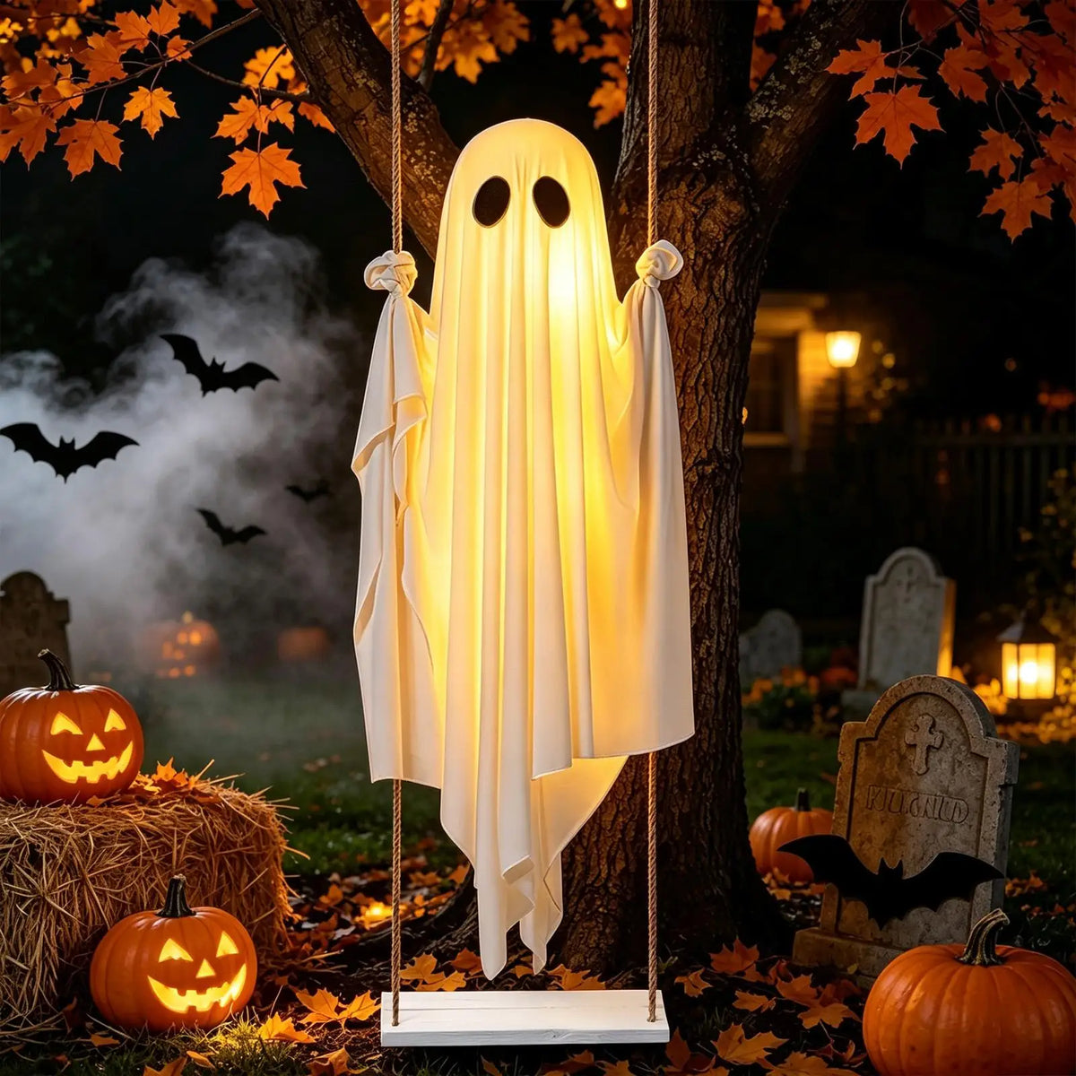 Une décoration fantôme blanche pend d'une branche d'arbre dans un décor d'automne avec des citrouilles et des chauves-souris.