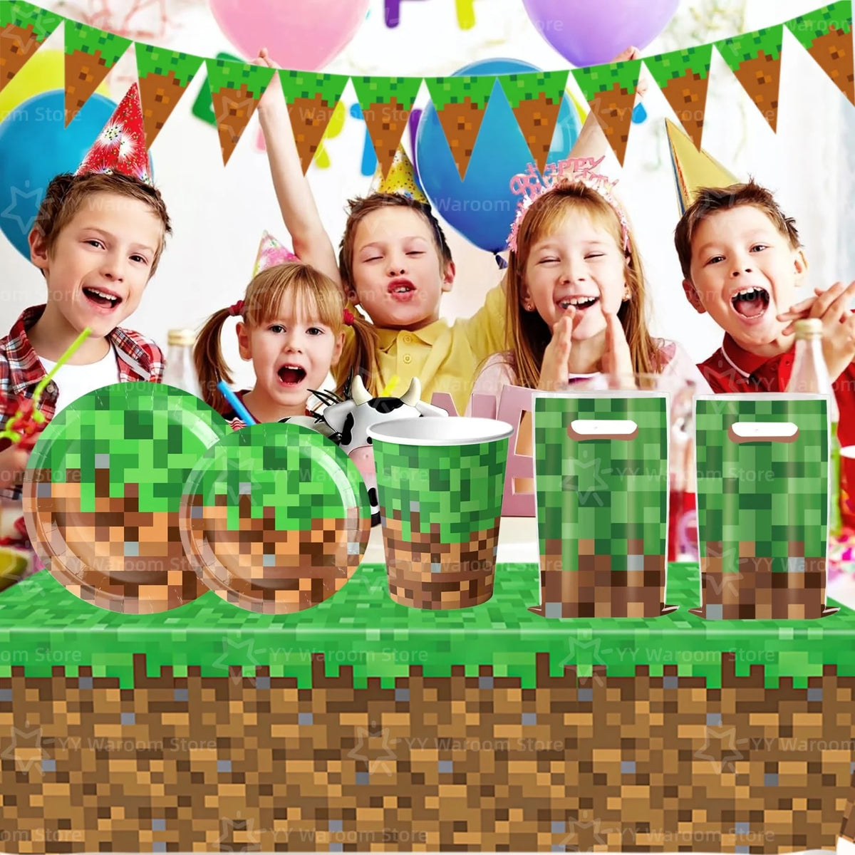 A set of miner-themed birthday party supplies including balloons and green cardboard tableware displayed on a green surface.
