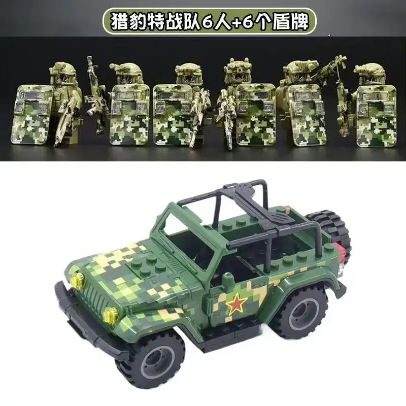 A set of military off-road jeep building blocks featuring six soldiers and six figures.