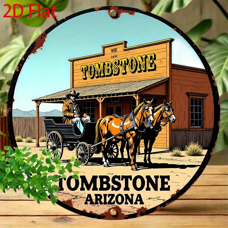 Vintage western tombstone sign plaque featuring a wooden building and horses in an old west style.