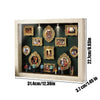 A wooden frame displaying several framed photos in a museum-style display with internal lighting.