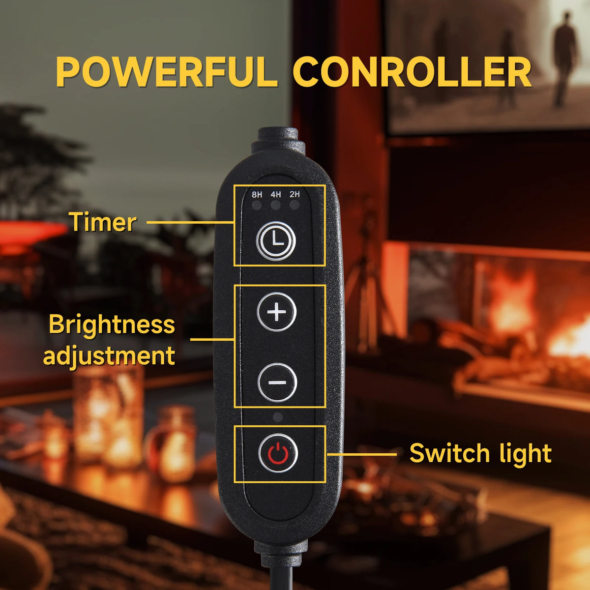 A black remote controller for a dimmable candle warmer lamp, featuring timer, brightness adjustment, and a switch light.