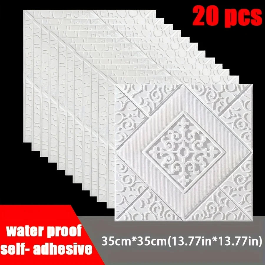 A stack of 20 white 3D brick pattern self-adhesive wall panels shown at an angle.