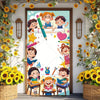 A colorful vinyl backdrop banner featuring cartoon children and flowers for events.