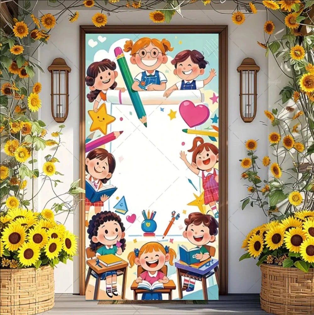 A colorful vinyl backdrop banner featuring cartoon children and flowers for events.