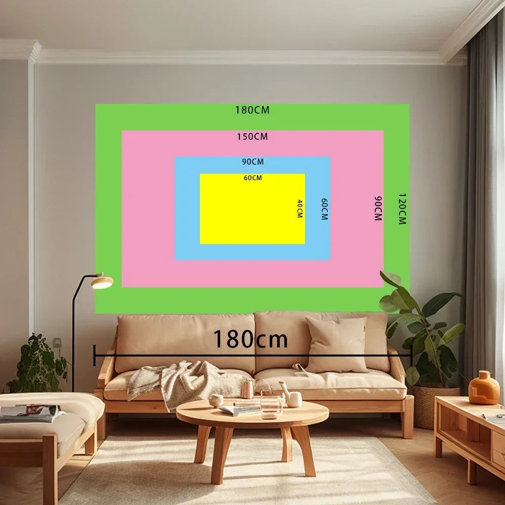 A living room setting featuring a beige sofa and a large framed graphic with measurements.