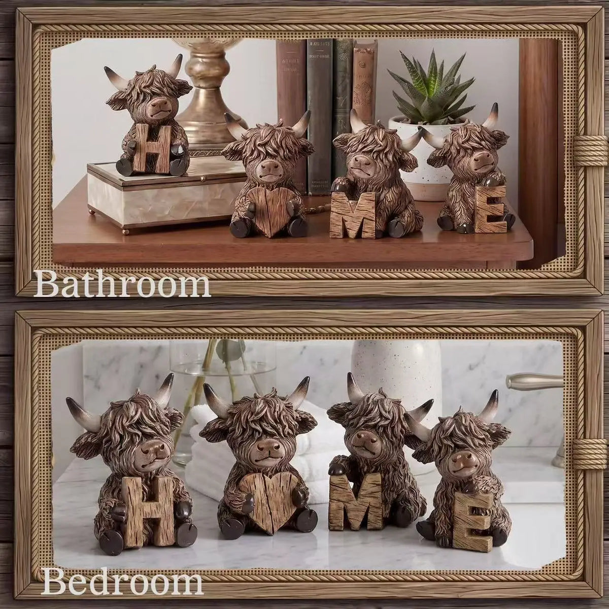 A set of rustic wooden Highland cow figurines shaped like letters H, M, E, and another letter E, displayed in framed pictures
