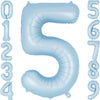 A large light blue foil number balloon shaped like the numeral 5.