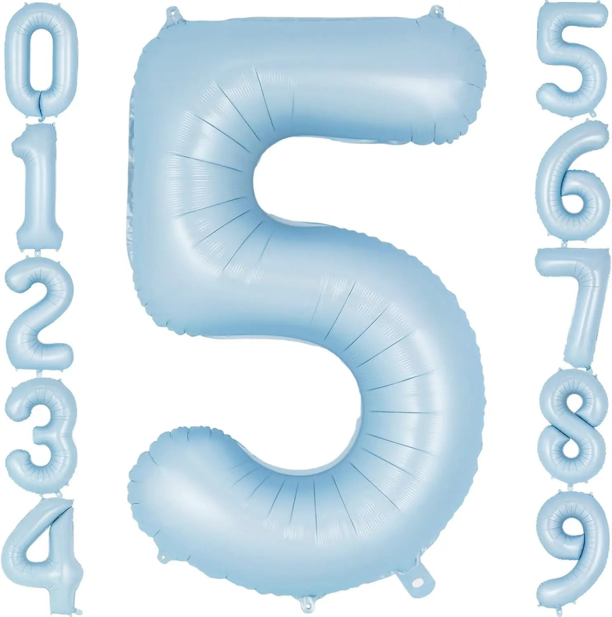 A large light blue foil number balloon shaped like the numeral 5.