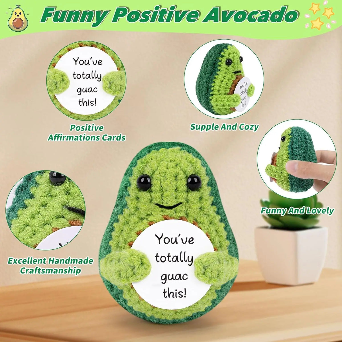A green crocheted avocado shaped like a cute face with positive affirmations cards and a small potted avocado doll.