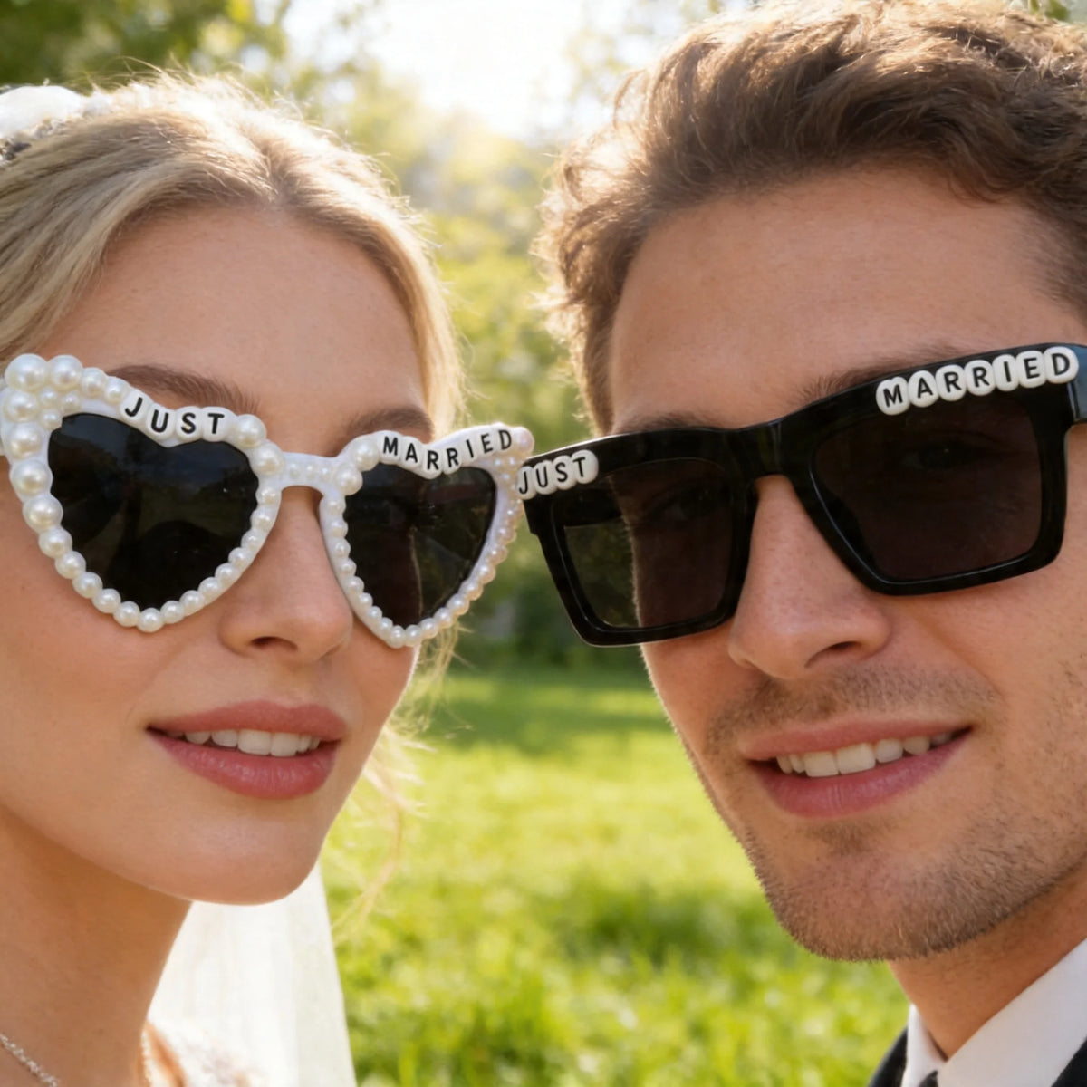 A bride and groom smiling outdoors wearing pearl decorated sunglasses for wedding photos