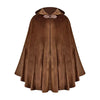 A flowing, dark brown velvet hooded cloak with a decorative bow collar.