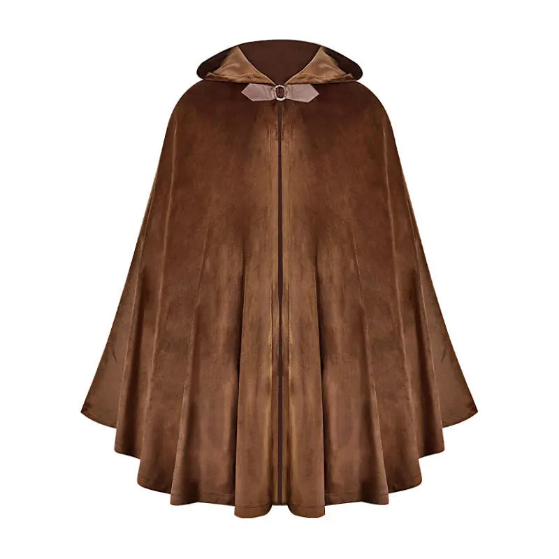 A flowing, dark brown velvet hooded cloak with a decorative bow collar.