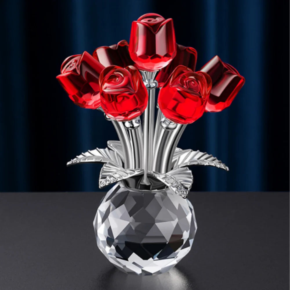 A crystal rose decorative flower arrangement featuring red roses on a silver stem and clear glass base.