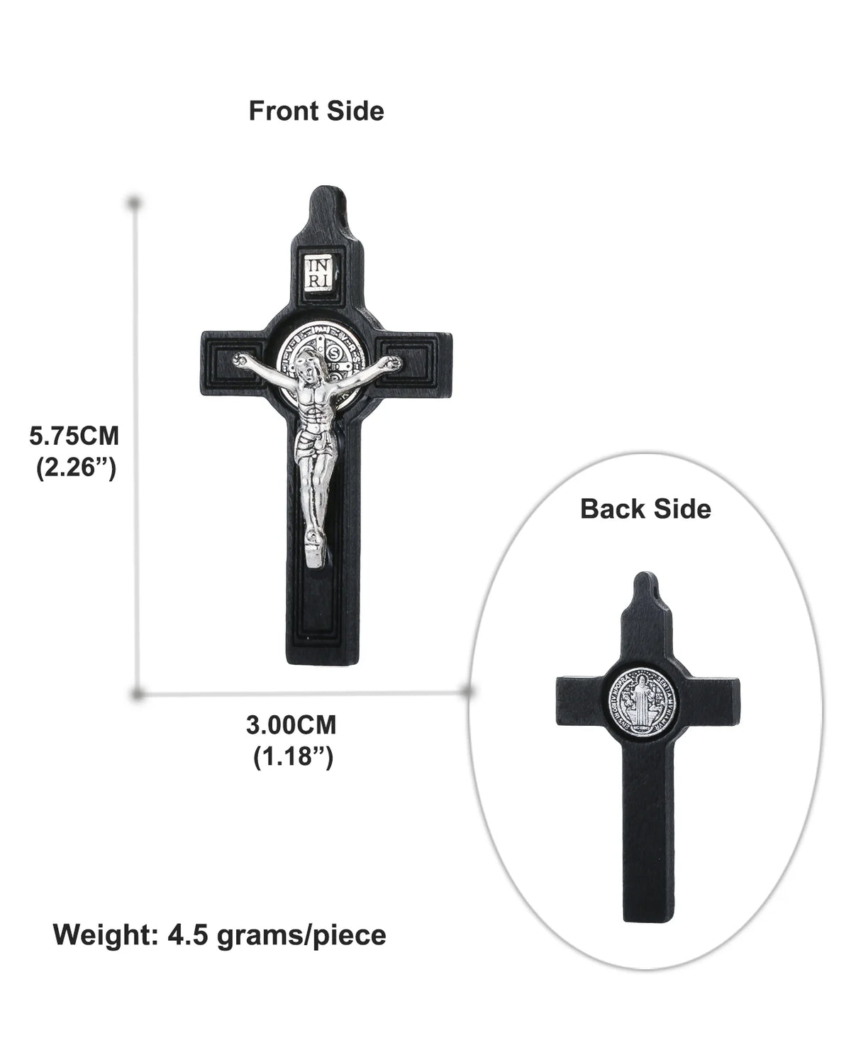 A black wooden crucifix pendant with a figure of Jesus Christ on the front and a circular medallion on the back.