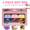 A pink gift box containing three glass bottles of moisturizing hand sanitizer spray with Violet Orchid, Sweet Guava, and Blac