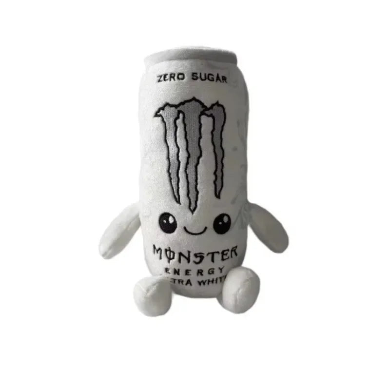 A white plush toy shaped like an energy drink can labeled Zero Sugar and Monster Energy Extra White.