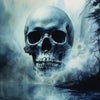 A dark, atmospheric painting of a human skull emerging from mist in a foggy forest setting.